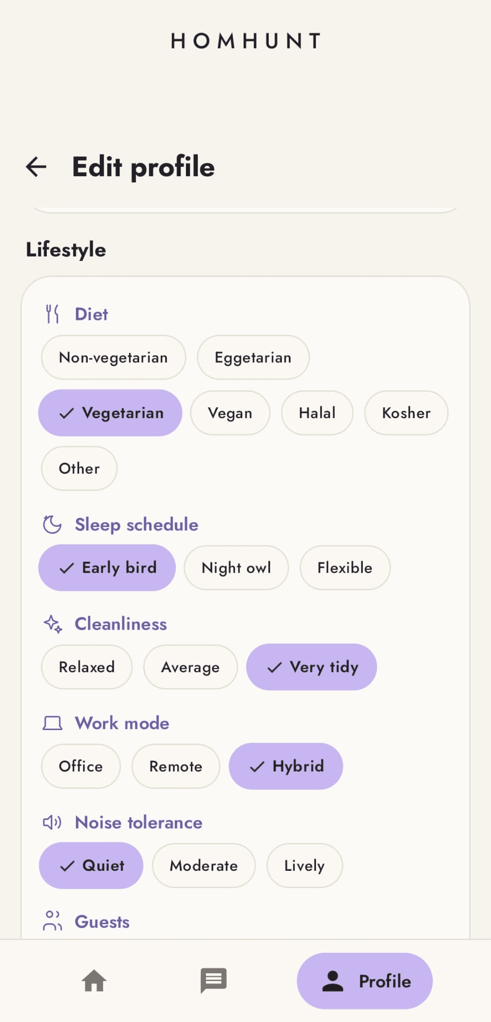 HomHunt app — Edit profile screen