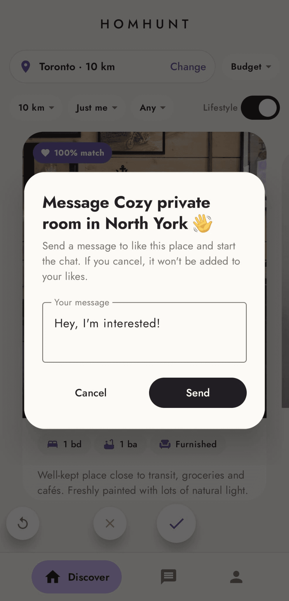 HomHunt app — First message screen