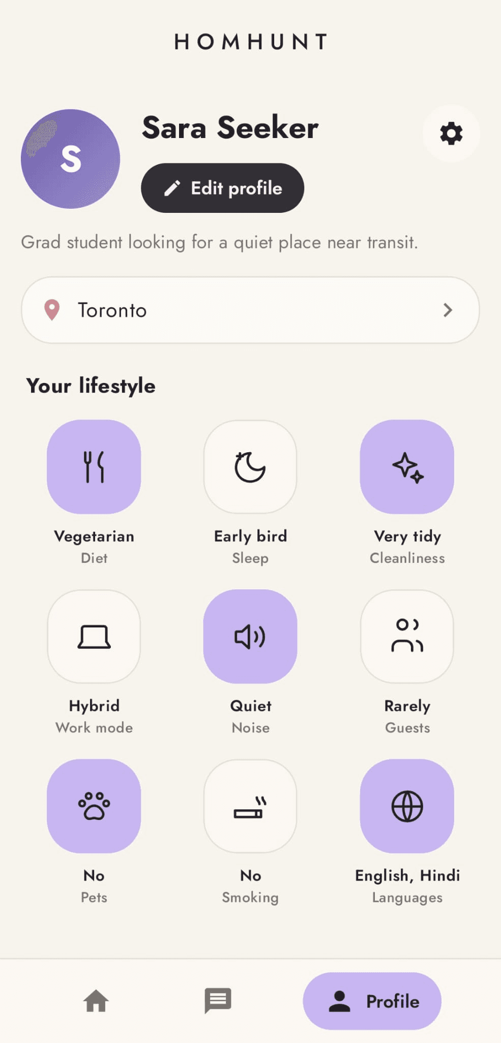 HomHunt app — Profile screen